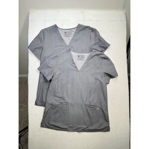 Figs Casma Womens Scrub Top Large Heather Gray Stretch Medical Pockets Lot‎ of 2